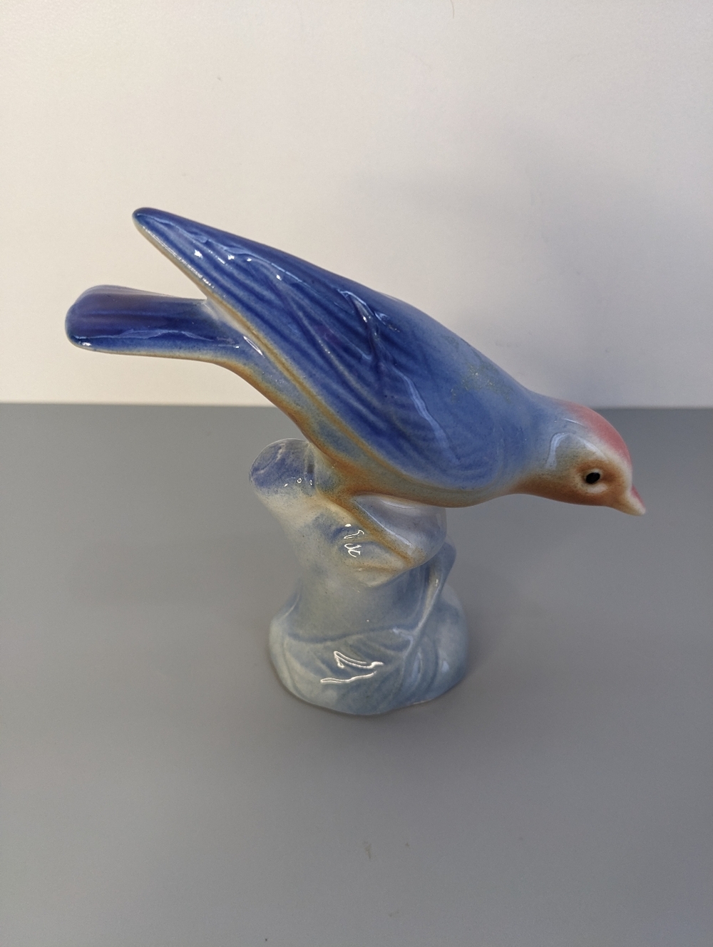 Vintage Japan Ceramic Bird Figurine Blue Tan Glaze Mid Century Decor Collectible